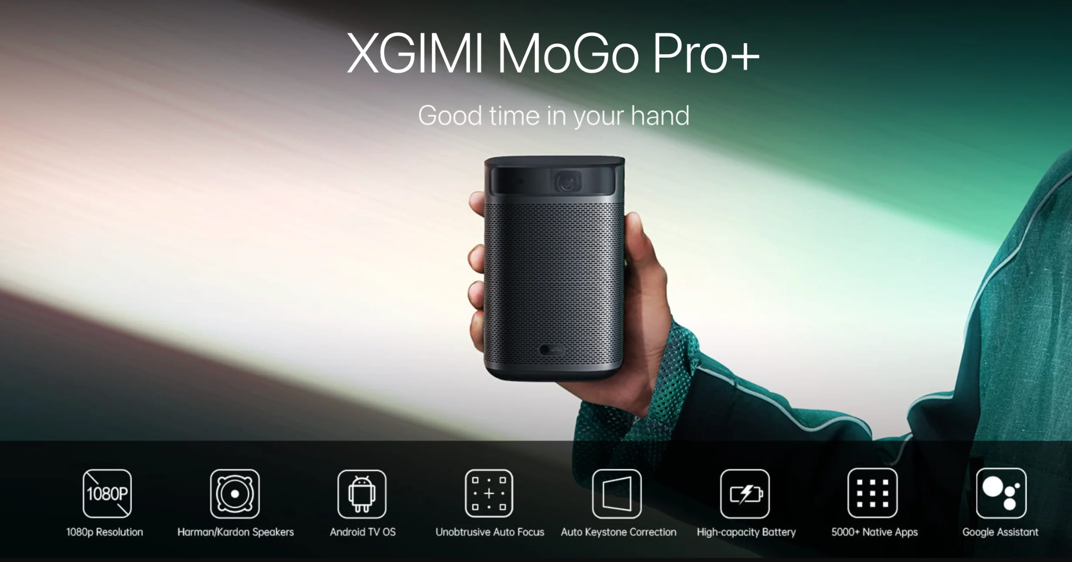 XGIMI MoGo Pro+ Android TV Projector,1080P Full HD Mini Smart Projector,Portable WiFi/Bluetooth Harman/Kardon Speaker,300 ANSI Lumen Indoor/Outdoor Theater Native Android 9.0 Video Projector